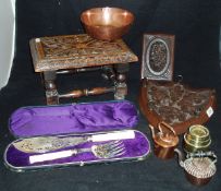 A collection of various pewter measures and mugs, mother of pearl handled cutlery,
