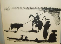 AFTER PABLO PICASSO "Bullfight with Bull and Picador", black and white print, signed and dated "1.6.