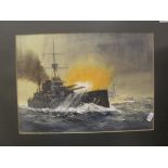 FRANK SHAPSIDES "Striking", watercolour of a battleship,