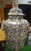A Victorian blue and white transfer decorated pottery hexagonal pot pourri vase in the Chinese