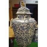 A Victorian blue and white transfer decorated pottery hexagonal pot pourri vase in the Chinese