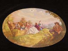A 19th Century Continental painted pottery oval wall plaque depicting a hawking party