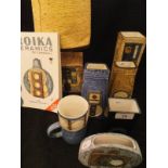 A collection of Troika Pottery to include a rectangular vase with disc decoration by Linda Thomas