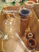 A collection of various glassware including 19th Century scientific funnel and globe flasks, etc,