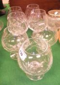 Two pairs of Stuart Crystal brandy balloons and three others similar