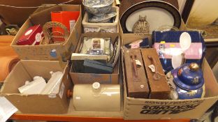 Six boxes of various china and ornamental wares, etc, to include decorative plates, a photo album,