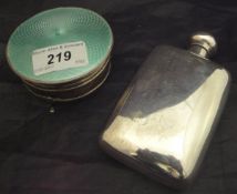A silver hip flask of plain form (marks rubbed),