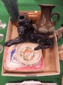 A box of various art pottery including Porsgrund bowl, Isles of Scilly vase,