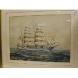 J E COOPER "Killoran", tall masted ship at sea, watercolour hightened with white,