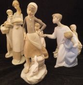 A collection of six Lladro figures including "Seated boy with dog", "Girl with lamb",
