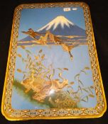 A Chinese cloisonne architectural plaque depicting geese coming in on reed beds with Mount Fuji in