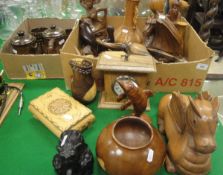 A box of and various other treen ware including turned yew wood bowl by M Trainos,