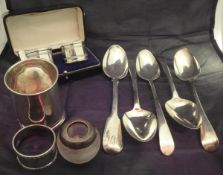 A collection of silver wares comprising a silver Christening mug inscribed "Mary",