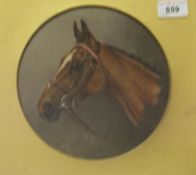 T or JH "Sprinkle Me" head study of a horse, oil on board, circular,