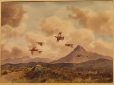 R W MILLIKEN "Red Grouse in flight with mountainous backdrop", watercolour,