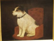 19TH CENTURY ENGLISH SCHOOL "Terrier sat upon a chair", oil on canvas,