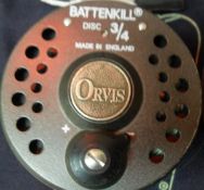 An Orvis "Batten Kill" 27/8" " diameter trout fly reel with spare spool and maker's cloth bag