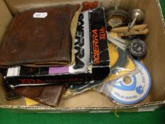 A collection of miscellaneous fishing tackle to include two leather fly wallets,