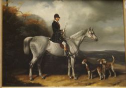 GRAHAM ISOM (b 1945) "Huntsman on grey horse, two Hounds to the front", oil on board,