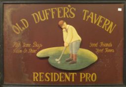 An "Old Duffer's Tavern Resident Pro" golf sign with image of a golfer in relief