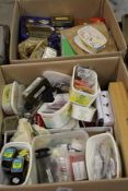 Two boxes containing a large quantity of fly tying materials, flies and fly tying equipment,
