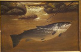 ATTRIBUTED TO A ROLAND KNIGHT "Salmon and a gaff", oil on canvas,
