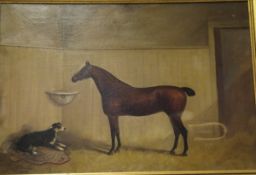 T BENSON "Chestnut horse in stable with resting dog upon a blanket", oil on canvas,