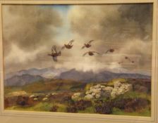 R W MILLIKEN "Red Grouse in flight", watercolour,