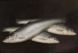 ALEXANDRE DALZIEL "The fresh catch of trout", still life study of three trout, oil on canvas,