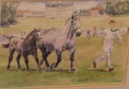 JANICE GORDON "Boy leading out dappled grey mare with foal", watercolour,