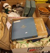 Two boxes of various china wares to include Toby jug, lustre ware goblet, RAF commemorative plates,