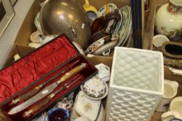 Two boxes of various china and glass ware, a walnut cased barometer/thermometer, plated food dome,