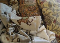 Two boxes of assorted vintage table linen and fabric remnants,
