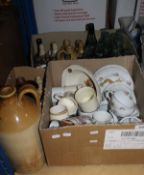 Two boxes of various stone ware and glass bottles, mostly named and Swindon related,
