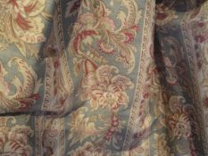 Two pairs of cotton interlined curtains, the striped ground with floral sprays of red and gold,