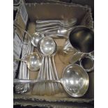 A box containing assorted plated cutlery, a tankard,