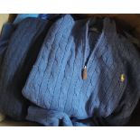 A box of gentleman's clothing to include jumpers, t-shirts and trousers,