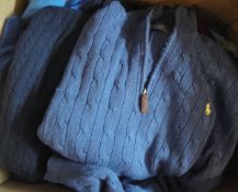 A box of gentleman's clothing to include jumpers, t-shirts and trousers,