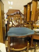 A collection of furniture comprising Chippendale style shield back elbow chair with blue