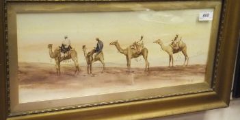 F W "The camel train", watercolour study of four gentlemen on camels in the desert,
