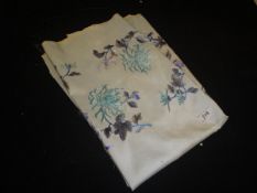An early 20th Century silk panel with embroidered floral decoration in greens,