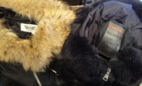 Three puffa jackets, one by Prada, another by Rock & Republic and another by Tommy Hilfiger,