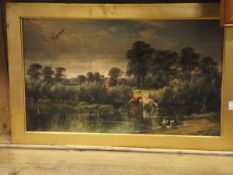 J J HUGHES "The Watering Place at Warwickshire", cows watering at river's edge, oil on canvas,