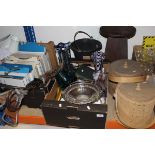 A box of various glass vases, plated fruit basket, cutlery and china ware etc,