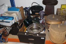 A box of various glass vases, plated fruit basket, cutlery and china ware etc,