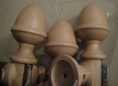 Four turned beech curtain poles with acorn finials and a futher white painted pole