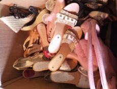 A box of assorted kitten heel sandals to include Celine, Escada, Gina, etc,