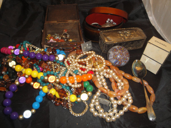 A box containing various costume jewellery, dressing table box with silver top,