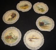 A collection of six early Victorian Torchon lacework and hand-painted place mats, lace trim doilies,