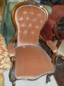 A Victorian walnut framed open arm salon chair and an Edwardian mahogany corner chair